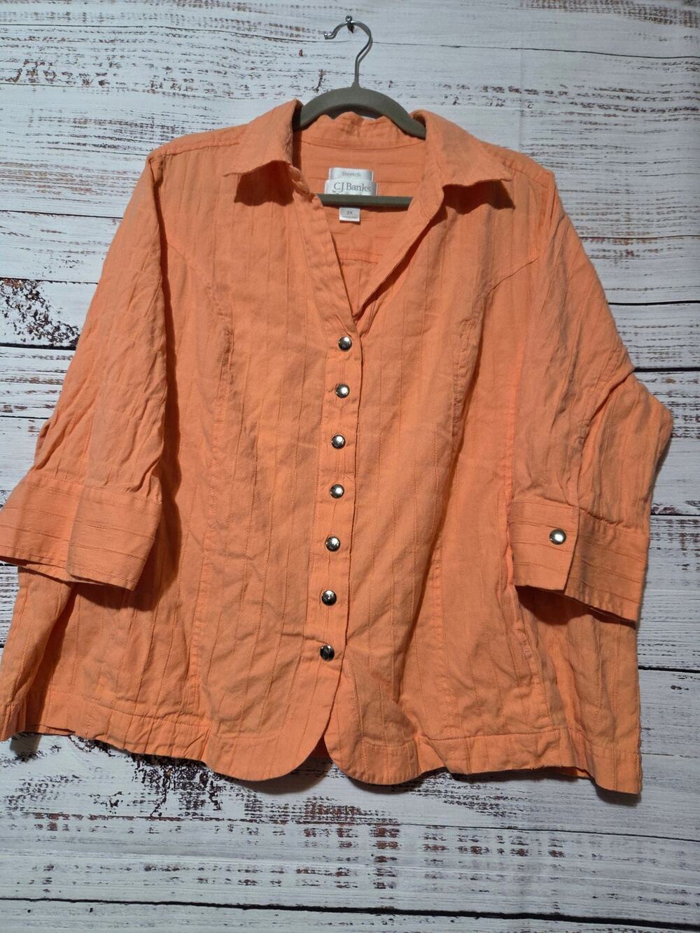 CJ Banks Shirt Ladies 2x Snap Closure 3/4 Sleeve Coral